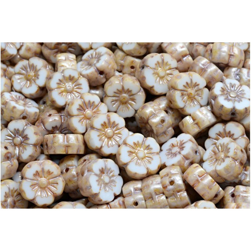 6 ks Picasso Opaque béžové slonovinové lesklé ploché vyřezávané stůl řezané havajské mince květinové kroužky české sklo 10mm