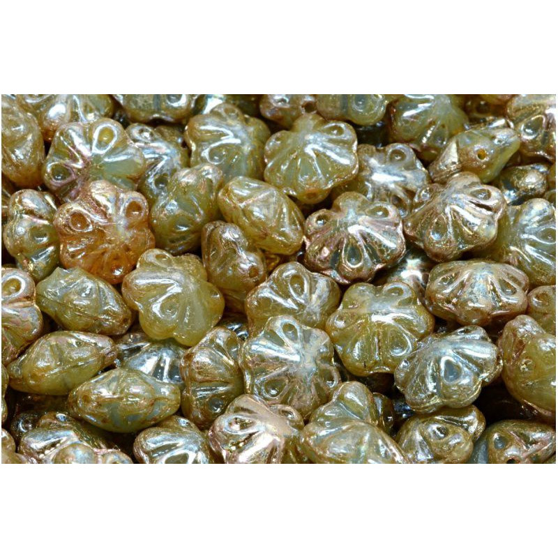 8 ks Picasso stříbrné béžové zelené opalové folklorové květinové kuličky české sklo 11mm x 11mm