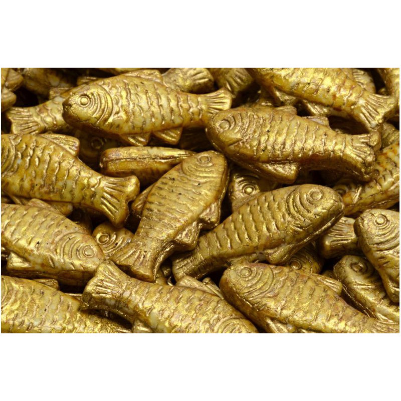 4 ks Gold Patina Wash Trout Fish Marine Sea Fish Beads české sklo 24mm x 10mm