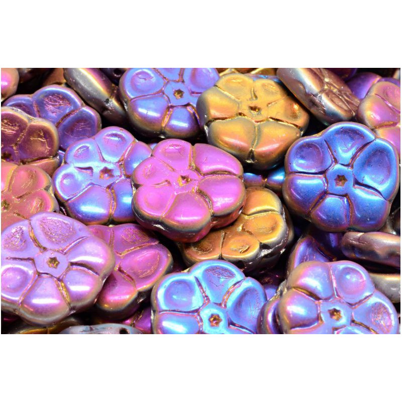 4 ks Kovové Dichroic Vitrail Purple Modré Žluté Ploché Velké Primrose Focal Flower Beads Květinové Beads Česká sklo 15mm x 15mm