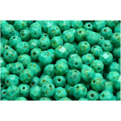 40ks Picasso Turquoise Green Rustic Faceted Fire Polished Round Beads české sklo 6mm