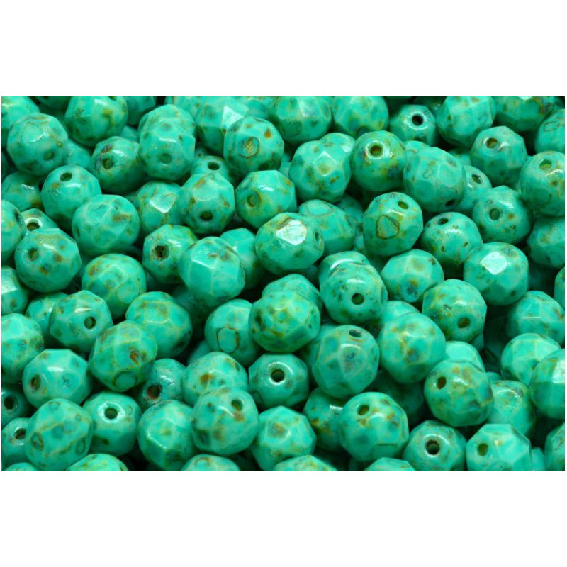 40ks Picasso Turquoise Green Rustic Faceted Fire Polished Round Beads české sklo 6mm
