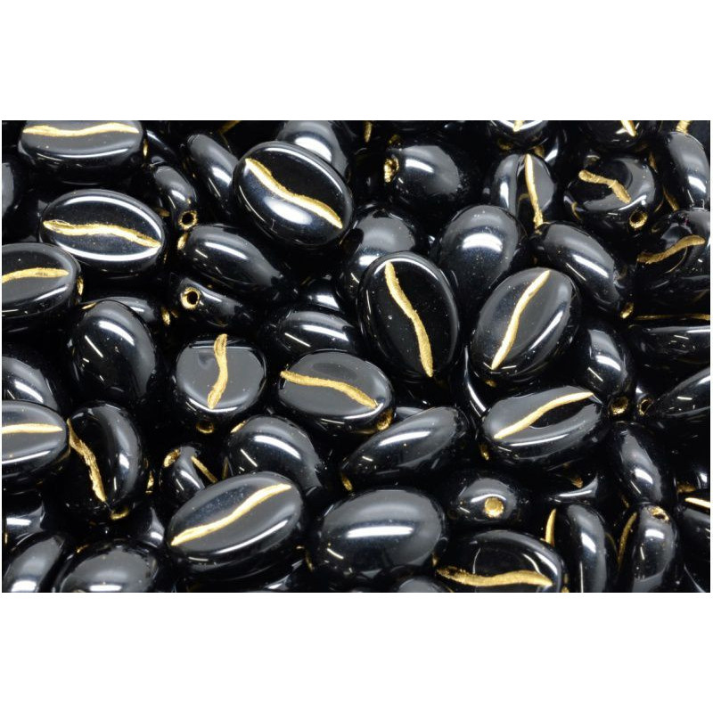16 ks černé zlaté kávové boby české sklo 11mm x 8mm