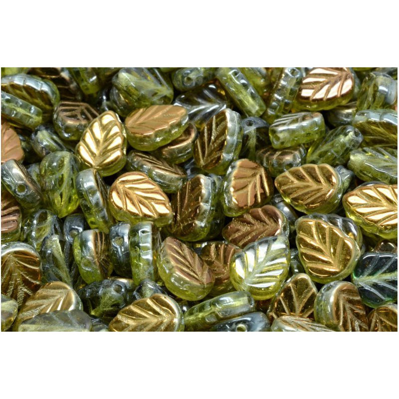 18 ks Crystal Gold Mint Leaf Beads české sklo 10mm x 08mm