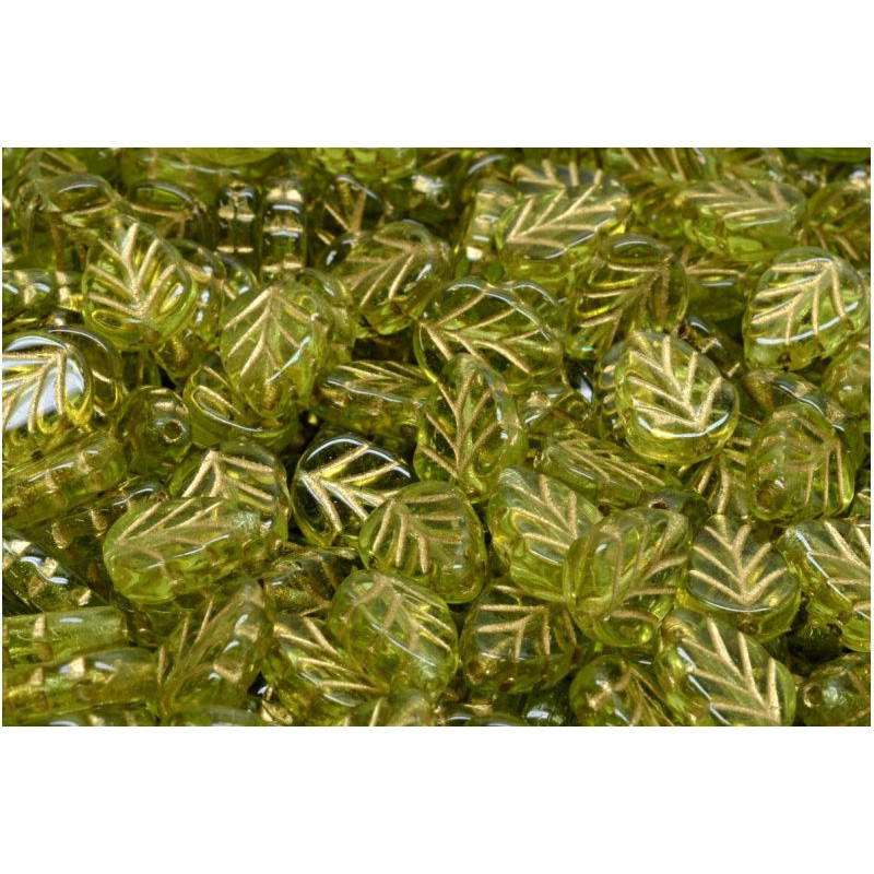 18 ks Crystal Gold Mint Leaf Beads české sklo 10mm x 08mm