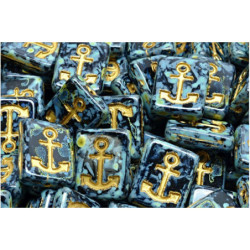 4 ks Picasso Jet Black Gold Patina Anchor Námořní mořské obdélníkové okno stůl řezací mořské kuličky české sklo 18mm x 12mm