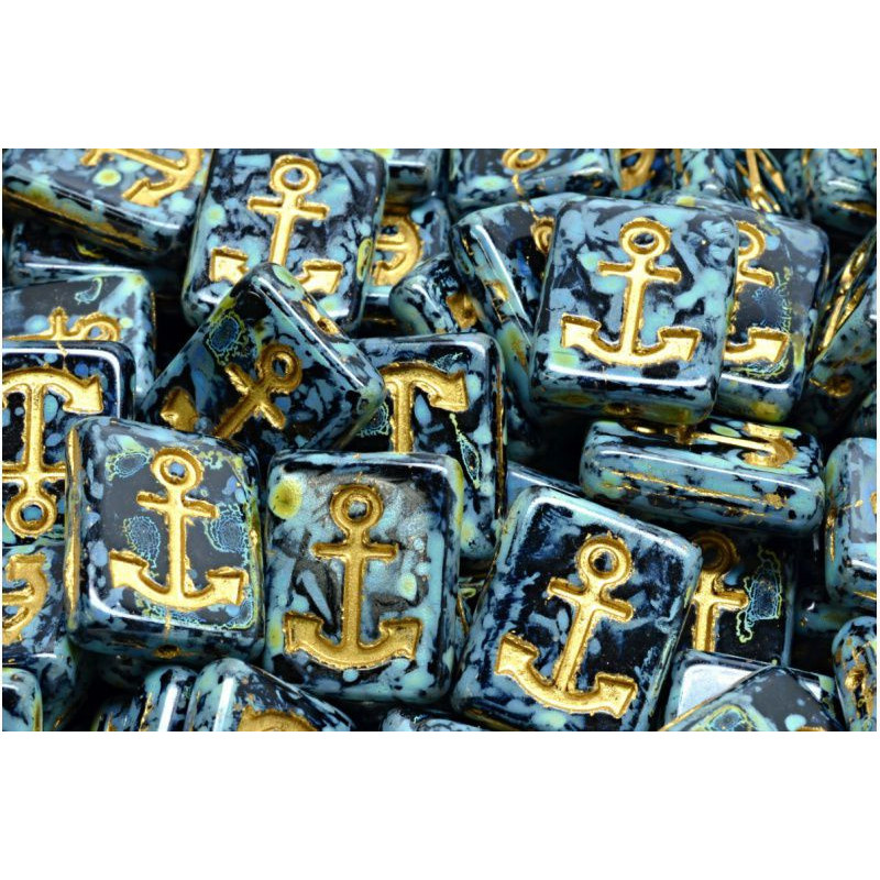 4 ks Picasso Jet Black Gold Patina Anchor Námořní mořské obdélníkové okno stůl řezací mořské kuličky české sklo 18mm x 12mm