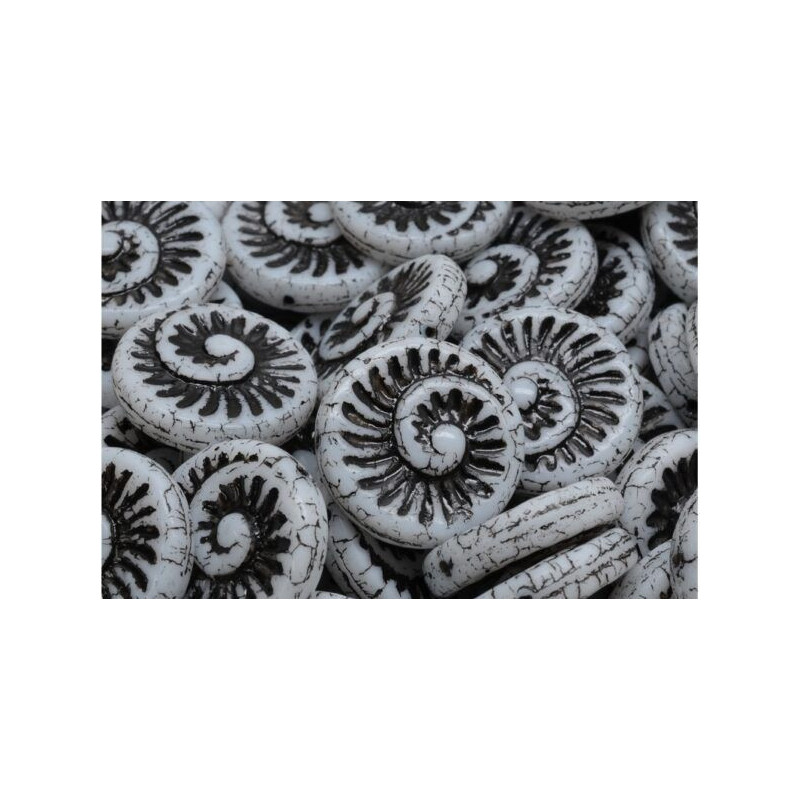 4 ks Opaque bílá černá Patina Wash Nautilus Fossil Snails Seashell Ammonite Flat Spiral Coin Round Beads české sklo 18mm