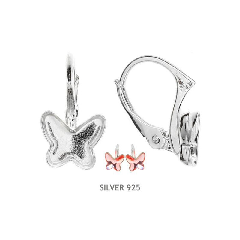 Stříbrné náušnice s lůžkem ve tvaru motýlka - 8 mm Swarowski 2854 pro nalepení kabošonu rozměry 16, 7 mm x 11 mm 2 kusy